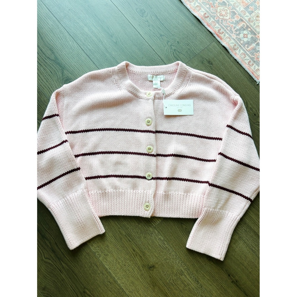 Tuckernuck Caroline Constas Pink Striped Cotton Cardigan Sweater NWT Size L